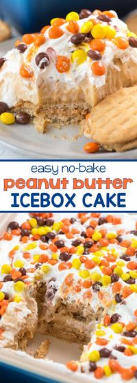 No Bake Peanut Butter Icebox Cake - this easy lush dessert layers peanut butter sandwich cookies with peanut butter pudding! It's the ULTIMATE peanut butter no bake dessert!