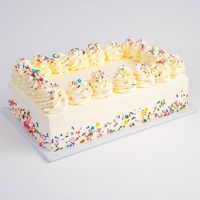 Make it a fun and delicious celebration with Sweet E's celebration sheet cake! Forget the grocery store, this sheet cake is like no other! This cake is perfect for birthdays or any celebration. This celebration sheet cake is covered in smooth vanilla buttercream, topped with buttercream swirls, and decorated with confetti sprinkles. Select the "confetti" flavor for Sweet E's classic, nostalgic confetti cake or choose black & white cake or chocolate lovers cake flavors, and you'll still get the s