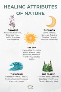 Healing attributes of nature, science of essentials, flowers, the moon, the sun, the ocean, forest