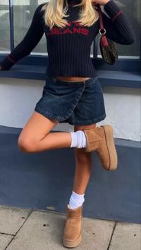 red long sleeve denim shorts uggs socks