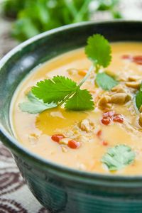 Sweet potato and peanut soup with garlic, coconut milk, lime, and cilantro