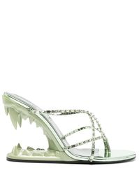 metallic green calf leather mirrored finish crossover strap detail stud embellishment round open toe slip-on style branded footbed 115mm Morso heel leather outsole This piece comes complete with a protective dust bag.