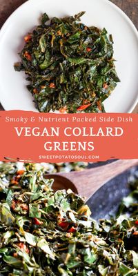 Enjoy your meal with a side of soulful, smoky Vegan Collard Greens! These greens are not just easy and healthy; they're a meatless side dish wonder, perfect for spring or summer. Made with garlic, tomatoes, and smoked paprika for that authentic Southern taste, this recipe transforms simple ingredients into a flavorful delight. My Vegan Collard Greens are sure to impress with their rich taste and tender texture. Get the full recipe here and enjoy a burst of flavor in every bite! #summersidedishes