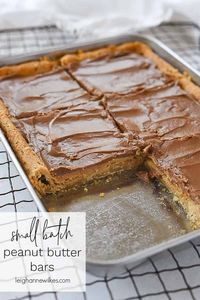 Small batch peanut butter bars are a reduced size version of those delicious soft peanut butter cookie bars topped with chocolate frosting that the lunch lady at school use to make.