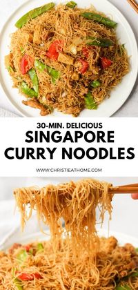 30-min. Singapore Curry Noodles. Curry seasoned rice noodles stir fried with juicy savoury chicken and vegetables! #singapore noodles recipes #chinese noodle recipes #singapore food recipes