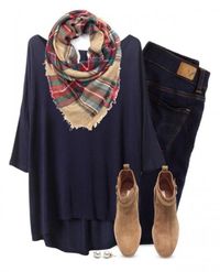 Loose tee, plaid scarf & camel ankle boots