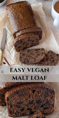 Vegan malt loaf - this moreish malt loaf recipe is quick and easy to make in just one bowl. It is sticky, moist and fragrant. Delicious served with (vegan) butter and a cup of tea!