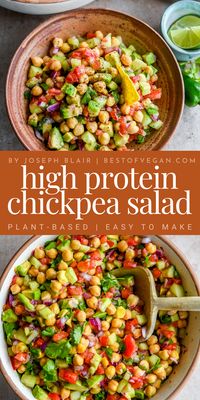 This healthy and protein rich chickpea recipe, inspired by the classic Ceviche dish, is a delicious plant-based meal that is easy to make and incredibly flavorful. This is NBA basketball coach Joseph Blair’s favorite high protein, gluten-free post-workout recipe. It’s ideal as a vegan lunch idea, an easy side dish, and more! Enjoy it on top of some tostadas or with crunchy tortilla chips. #VeganMealPrep #EasyRecipes #VeganProtein #HighProteinMeals #GlutenFreeVegan