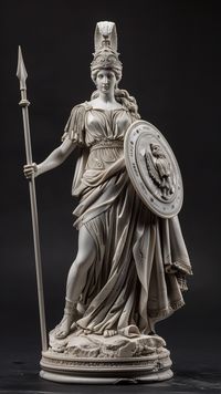 A statue of the goddess Athena holding an arm shield and spear. She is wearing ancient Greek with her hair styled in a crown like headdress. The sculpture has detailed features such as intricate patterns on its robe and visible muscles under its skin. It stands tall, creating a sense of grandeur and power in the style of focus on face --v 6