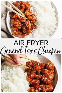 This Air Fryer General Tso's Chicken is a healthier take on the classic Chinese takeout and it's delicious! Succulent chicken, slathered in a tangy sauce, served with a side of fluffy rice, pure heaven on a plate!