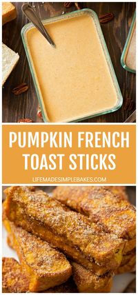 These pumpkin french toast sticks are a fun twist on a family favorite. They're ready to go in just 15 minutes are perfect for little fingers to dunk! #pumpkinfrenchtoaststicks #frenchtoaststicks #pumpkin #frenchtoast #pumpkinfrenchtoast