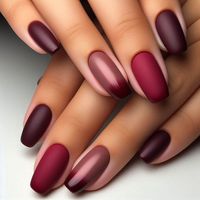 A matte maroon base with glossy maroon tips for a simple yet chic design. The contrast between the matte and glossy finishes adds texture and depth, making the manicure feel modern and sophisticated without overcomplicating the look.