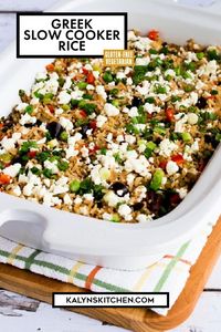 Greek Slow Cooker Rice has delicious flavors from red bell pepper, Feta, and Kalamata olives, and this is a perfect easy side dish of rice with Greek flavors. Or see notes below for a low-carb cauliflower rice casserole with similar flavors. [found on Kalyn's Kitchen] #GreekRice #SlowCookerGreekRice