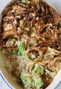 Vegan Broccoli Casserole recipe - steamed broccoli and sauteed mushrooms, bathed in a creamy cashew milk sauce topped with crispy onions