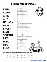 Free printable summer word scramble for kids. This easy level word puzzle is probably most suited for children in grades 2 or 3. The words to unscramble are 2nd grade summer themed spelling words between 3 and 6 letters long. When all the jumbled words have been unscrambled, it will reveal the answer to a summer joke for kids. The printable activity has images for kids to color. Free downloadable pdf includes answers.