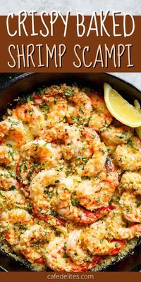 Crispy Baked Shrimp Scampi is easy to make with a fancy restaurant flair right at home, and takes only minutes to prepare! Oven Baked Shrimp Scampi topped with flavourful golden, buttery, garlic parmesan breadcrumbs. Serve as an appetizer or a light meal with salad, garlic bread, or pasta. The shrimp is perfectly crunchy, delicious, and buttery!