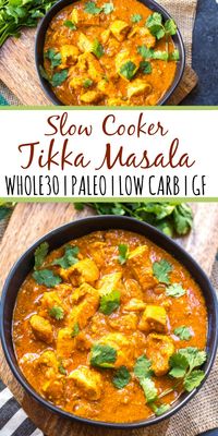 This paleo and Whole30 slow cooker chicken tikka masala recipe is every bit as easy as it is delicious. It's a truly set it and forget it recipe that only requires a few simple ingredients, chicken and a crock pot. The end result is a tasty, healthy and family friendly weeknight dinner or meal for meal prep for the week! It's gluten-free, dairy-free and keto, so it's great for any type of eater in your family! #whole30slowcooker #whole30chickentikkamasala #lowcarbslowcooker #ketoslowcooker #...