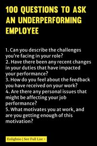 Explore these 100 insightful questions to effectively address performance issues with an underperforming employee. Asking the right questions can uncover underlying reasons and help guide improvements in a constructive and supportive manner. Use this comprehensive list to initiate open and honest conversations that lead to positive outcomes in the workplace. Improve communication, identify challenges, and work towards achieving mutual success within your team. Download now for valuable guidance