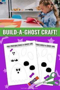 Use this free printable paper ghost girl template to Build-a-Ghost Girl for Halloween! This awesome paper craft helps children to improve their cutting and pasting skills while having some spooky Halloween fun! #FreePrintables #HalloweenPrintables #ThePurplePumpkinBlog