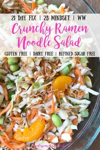 This 21 Day Fix Ramen Noodle Salad is a healthy remake of the classic potluck favorite!  It's made with a low sugar, olive oil based dressing, crispy brown rice ramen noodle topping, and tons of veggies. | Ramen Noodle Salad | Ramen Noodle Salad Recipe | Ramen Noodle Salad Cabbage | Asian Ramen Noodle Salad | WW Ramen Noodle Salad | Weight Watchers Ramen Noodle Salad | Potluck salad | 21 Day Fix Recipes | 2B Mindset Recipes | WW recipes| Gluten Free Ramen Noodle Salad | Gluten Free Asian Ramen