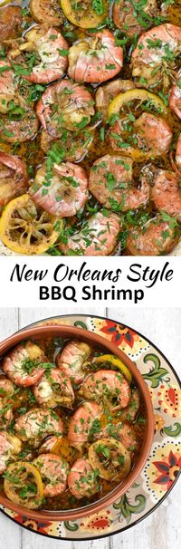 New Orleans BBQ Shrimp has nothing to do with barbecue sauce. Plump shrimp are smothered in a decadent butter sauce loaded with great seasonings. Enjoy with some crusty bread for a super hit meal.