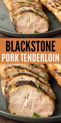 Blackstone Pork Tenderloin cooks quickly on the griddle. The pork tenderloin is marinated with easy ingredients for a simple meal idea. This Blackstone Pork Tenderloin is one of our favorites as the tenderloin comes out so tender and juicy. It cooks in less than 30 minutes which makes for an easy weeknight meal. #grillonadime #blackstoneporktenderloin #blackstonerecipes #porktenderloin