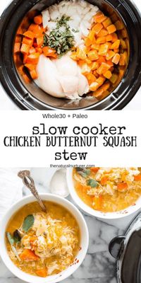 Loaded with protein and veggies, Slow Cooker Chicken Butternut Squash Stew is easy to throw together & full of flavor. Whole30, Paleo, GF & dairy-free.