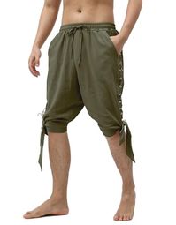 Heyigrow Mens Pirate Shorts Renaissance Viking Costume, Medieval Lace-up Banded Pants Cotton Linen Cosplay Outfits