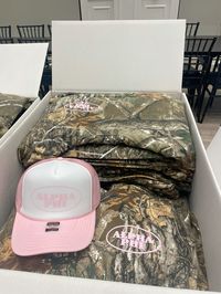 Alpha Phi Camo hoodies and matching pink hat sorority merch!