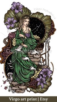 Explore my new Virgo art print, just added to the shop! This piece captures the essence of Virgo, an Earth sign known for its precision, intellect, and traditional values. Featuring a whimsical blonde woman in a pine green dress, surrounded by lilac lilies, white doves, and rich greenery, this artwork beautifully reflects Virgo's grounded nature. Perfect as a meaningful gift or a unique addition to your home decor. Each print is signed by the artist, adding a special touch of authenticity. How do you like my artistic take on Virgo? #VirgoArt #ZodiacPrint #EarthSign #HomeDecor #GiftIdeas