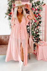 This Light Peach, Ruffled-Sleeve Maxi Dress Is Every Boho Babe's, Dream Dress! The Deep V Neck, Drawstring Waist, & Button Detailed Skirt Are Simply Perfection! $58, FAST AND FREE US SHIPPING!