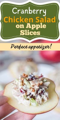 Whether you're hosting a dinner party or a 4th of July cookout, this twist on the classic cranberry chicken salad is the perfect easy appetizer for you! This healthy recipe is a delicious dish that pairs beautifully with crunchy apple slices. Impress any crowd with this fresh and delightful delicacy! | Appetizer recipes healthy | Appetizer salads | Chicken salad with apples | Chicken salad with cranberries | Appetizer ideas