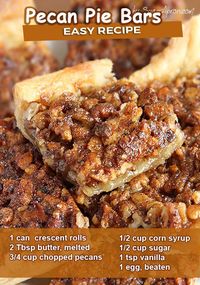 Oct 13, 2020 - Pecan pie in a bite size bar! Crescent roll dough makes this pecan bar recipe simple and quick to prepare.