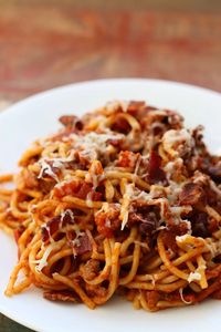 Instant Pot Cowboy Up Supper--spaghetti with bacon, beans, chili seasonsings and cheese. A hearty supper that will fill up your little and big cowboys.