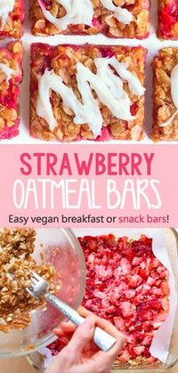 Super easy and healthy breakfast bars, and the recipe is packed with rolled oats and fresh strawberries #breakfast #beakfast #healthybreakfast #strawberry #oatmeal #vegan #glutenfree #snack