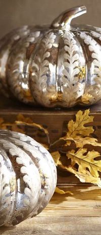 Mercury Glass Pumpkins with Stenciled Leaf Design