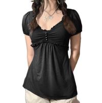 PRICES MAY VARY. Material - Short sleeve y2k fairy grunge shirts for women lace trim tight shirts for women aesthetic shirts is made of polyester, high quality fabric brings excellent wearing experience, soft, lightweight and comfortbale to wear Design - Fairy clothes y2k short sleeve crop tee, features short sleeve, low cut, lace trim, slim fitted, cropped length, short sleeve shirts for teens y2k top fairy top sexy makes you more charming and attractive Occasion -Womens fashion fitted short sl