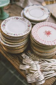 I've always loved the idea of using vintage dessert plates, thrifted china dishes at a wedding. This would also make any party extra special. Collecting dishes from the thrift store and estate sales isn't any more expensive than buying cheap party plates, and it's so much more sustainable. Plus you can keep them or gift them after for the memories.