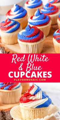 Celebrate July 4th with these sweet and delicious Red White & Blue Cupcakes with white chocolate cupcakes and red, white and blue buttercream frosting.