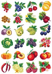 Fruits and vegetables small pictures The pattern (for download) includes colourful chart of the pattern with a list of Anchor, Ariadna, DMC, Madeira mouline, in the form of a pdf file. This cross stitch pattern is designed for 14ct Aida but you are welcome to use it on other sizes as well. Size of one element: size in crosses 33 x 33 size in cm6.2 x 6.2 size in inch 2,44 x 2,44 Number of colours: 36 Reference number W 4887