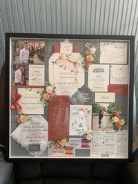 "A custom shadowbox including everything that was special and must be remembered about your wedding. This dimensional piece of paper artwork contains items such as save the dated, ceremony invitation, reception details, your menu and fun or formal photos of the happy couple. Handcrafted flowers in complimentary colors and textures are chosen to embellish the piece with a variety of blooms. The detailed keepsake sample shown is mounted in a grey woodtone 24\"x24\" shadowbox frame with a depth of