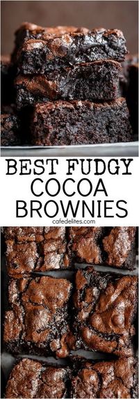 The Best, Fudgy ONE BOWL Cocoa Brownies! A special addition gives these brownies a super fudgy centre without losing that crispy, crackly top! | http://cafedelites.com