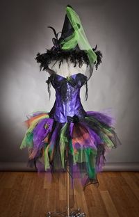 Artículos similares a Custom Size Light up Purple Orange Green and Black Feather Burlesque Corset Witch Spider costume with Hat Ready to Ship en Etsy