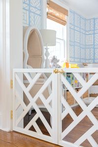 "Check out our gates recently featured in these popular blogs!  https://mackenziehoran.com/2021/12/13/our-chippendale-baby-gates/ https://juliaberolzheimer.com/mini-post/geometric-baby-gate/ https://www.anneandersonhome.com/blog/2019/4/8/may-favorites || D I M E N S I O N S || WIDTH: up to 38\" HEIGHT: up to 27\" Please message us first if your opening is WIDER THAN 38\"  || D E T A I L S || Custom made dog /baby gate to fit any opening! Gates are made of quality wood, sanded, painted, and sealed by hand.  Finish Options: Pure white, wood stain, or unfinished. Hardware: Available in oil rubbed bronze, satin nickel, brass, and black. Includes two (2) hinges and gate latch/bolt. -----WHAT YOU NEED TO DO----- 1. Message us first if width is greater than 38\". Please include your zip code. 2.