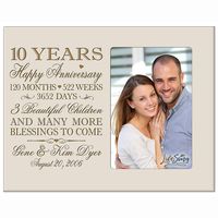 Honor the happy couple with a personalized 10th wedding anniversary photo frame. A treasured and lasting personal keepsake for wedding or anniversary. The 10th Anniversary picture frame can be hung on a wall or displayed on a table. This special keepsake anniversary gift will always be a wonderful reminder of the love that you have for one another. Honor the happy couple with a 10th wedding anniversary decorative wood photo frame holds 1- 4x6 photo. Words are laser engraved. Please provide names