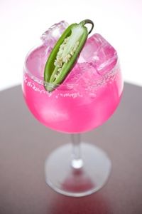 prickly pear and jalapeno margarita | 1 tablespoon prickly pear and jalapeno jam  2 ounces El Tesoro Platinum De Don Felipe Blanco tequila  1 ounce lime juice  �3/4 ounce agave syrup    Place ingredients in a cocktail shaker filled with ice and shake for 6 seconds. Serve in a margarita glass. #beatrizballpinkcocktails