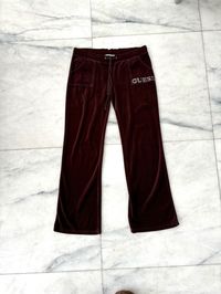 Y2K Vintage GUESS Velour Pants Bootcut Rhinestone Logo 100% Cotton USA Large Made in the USA  Size Large Good vintage condition  Authentic  See all photos for measurements