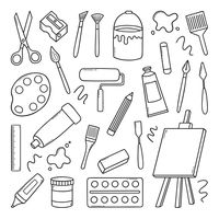 Download the Hand drawn set of artist tools doodle. Art supplies in sketch style. Easel, brushes, paint, pencils. Vector illustration isolated on white background. 8826776 royalty-free Vector from Vecteezy for your project and explore over a million other vectors, icons and clipart graphics!