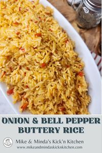 Are you in need of an easy side that goes great with any meal? Our Onion and Bell Pepper Buttery Rice is a must for dinner tonight. #dinnerparty #easydinnerrecipes #foodrecipes #pornfood #mealinspo #summersidedishes #springsidedishes #grilledchickensides #kicknkitchen