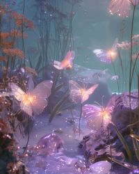 An ethereal underwater view with glowing purple butterflies, underwater magic world, aesthetic, dreamy vibes, butterfly esthetic